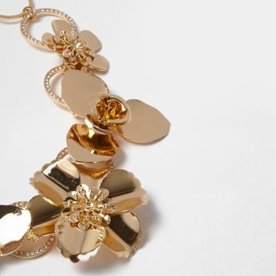 Gold tone large flower bib necklace
